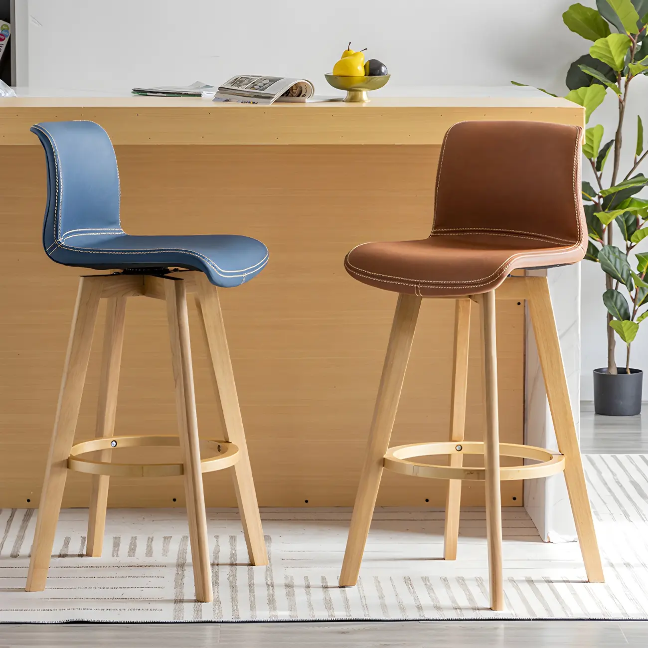 Modern Wooden Bar Stools with Cushioned Backrest for Kitchen Image - 3 | homeyfad