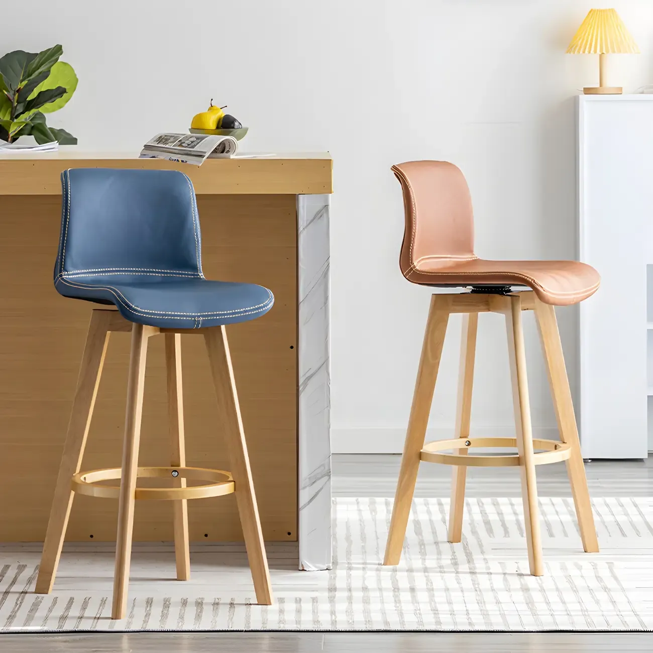 Modern Wooden Bar Stools with Cushioned Backrest for Kitchen Image - 8