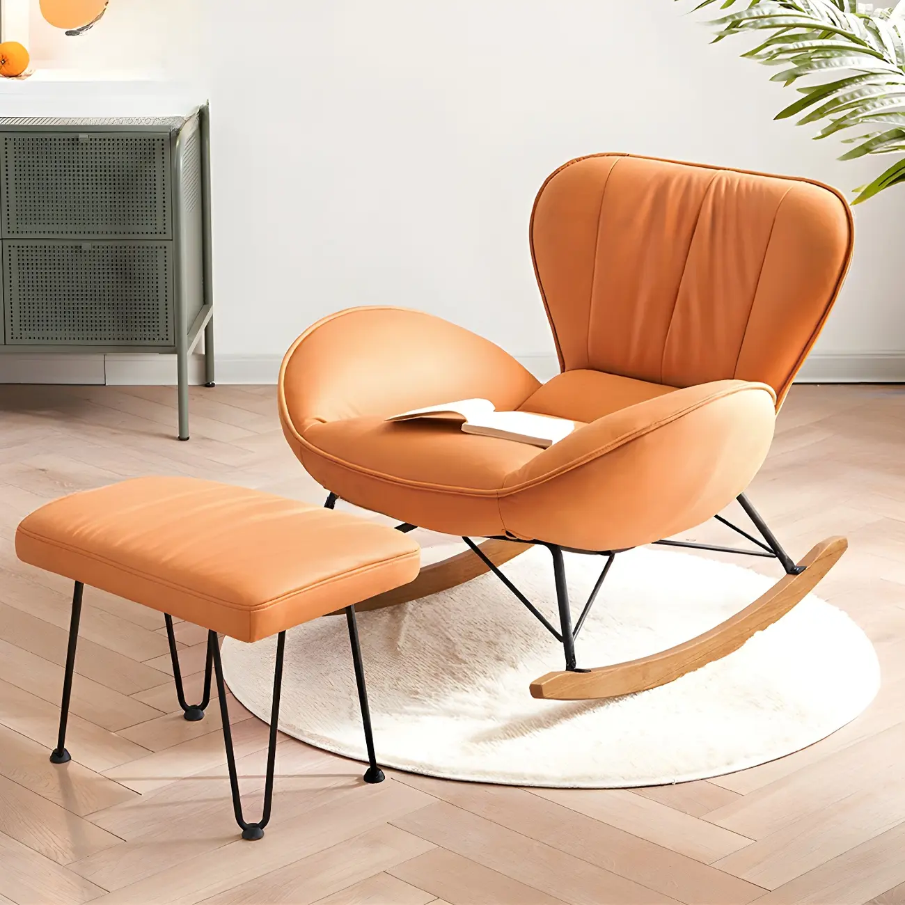 Wingback Faux Leather Rocking Chair with Ottoman for Indoor Image - 17 | homeyfad