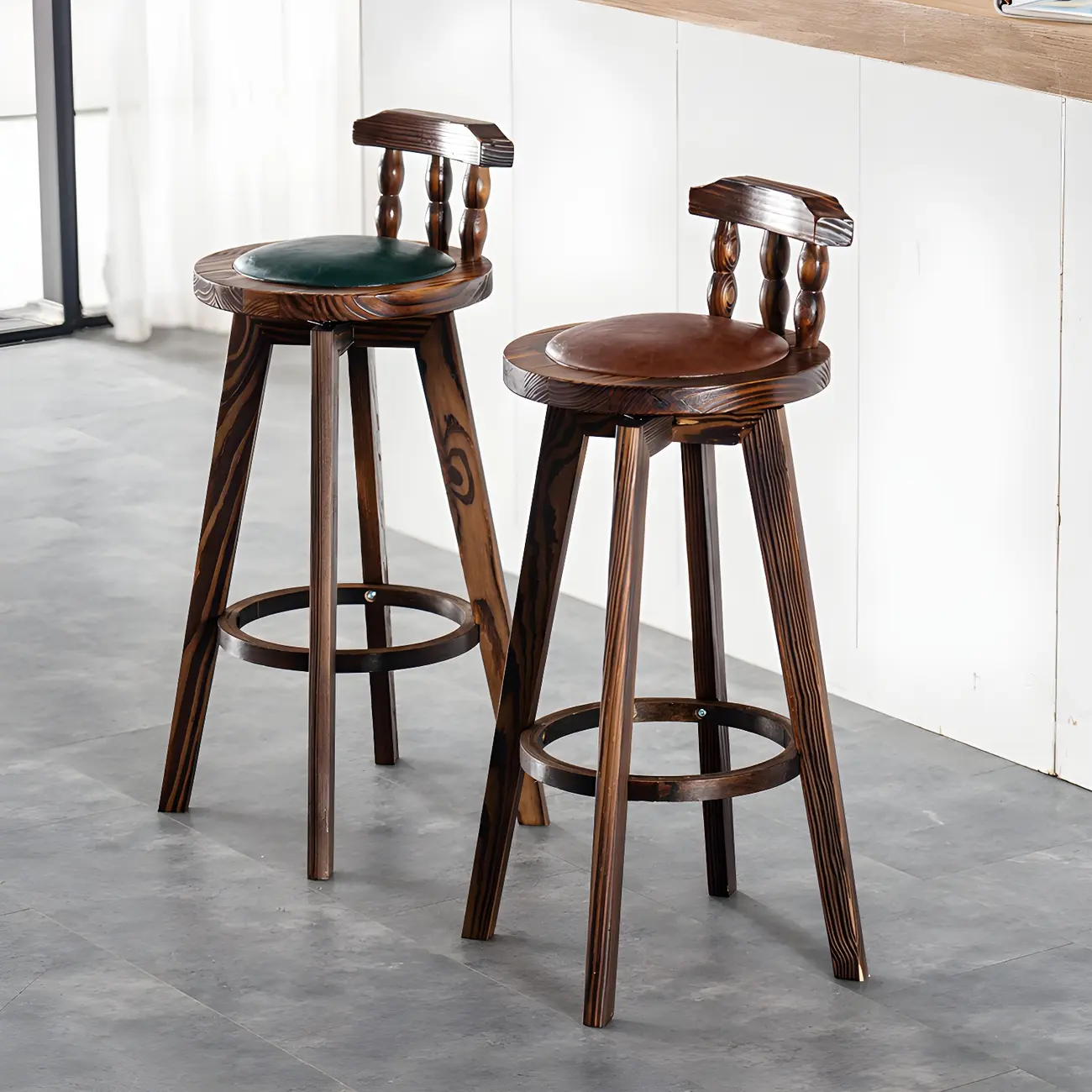 Vintage Wooden Swivel Bar Stools with Footrest for Kitchen Image - 1 | homeyfad