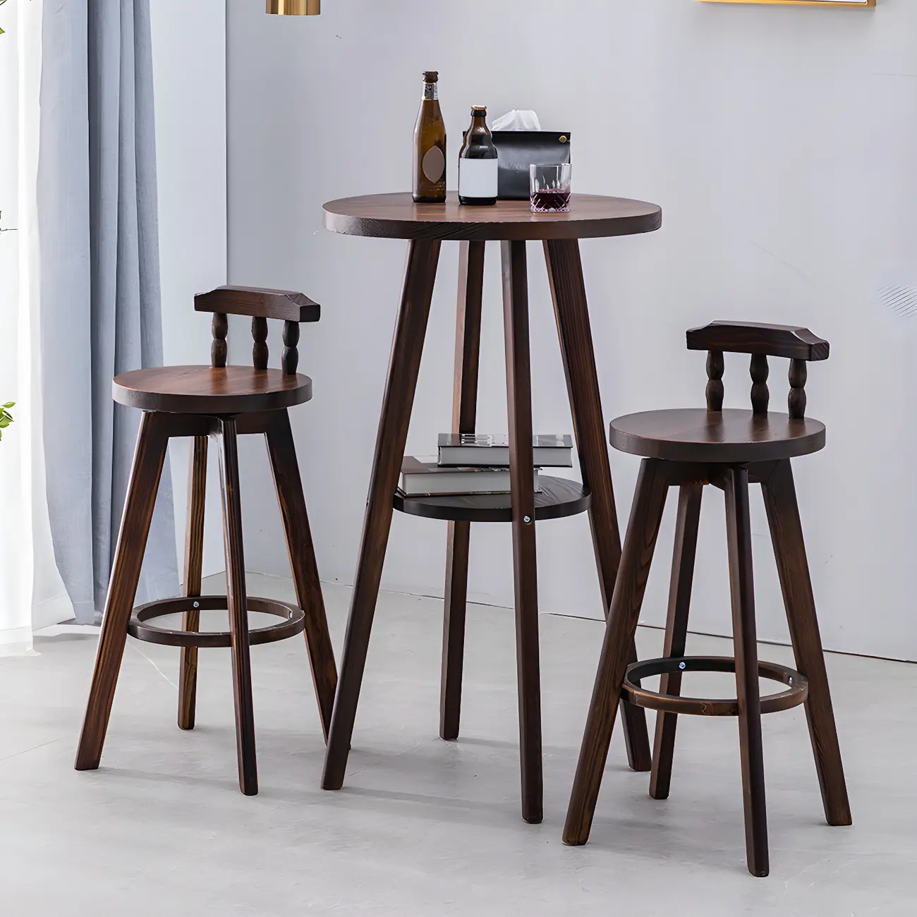 Vintage Wooden Swivel Bar Stools with Footrest for Kitchen Image - 2 | homeyfad