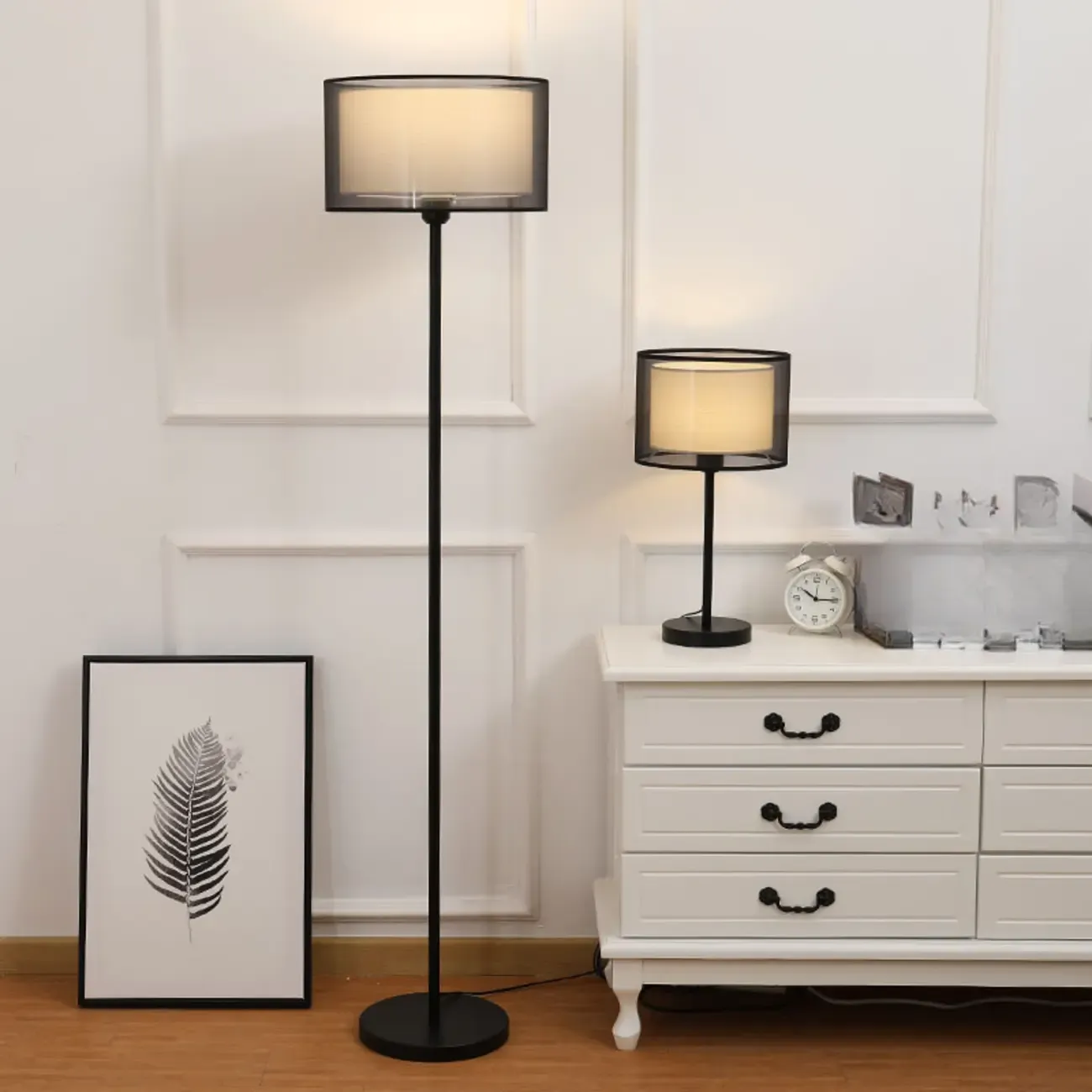 Modern Floor Lamp with Duble Drum Shade for Living Room Image - 1
