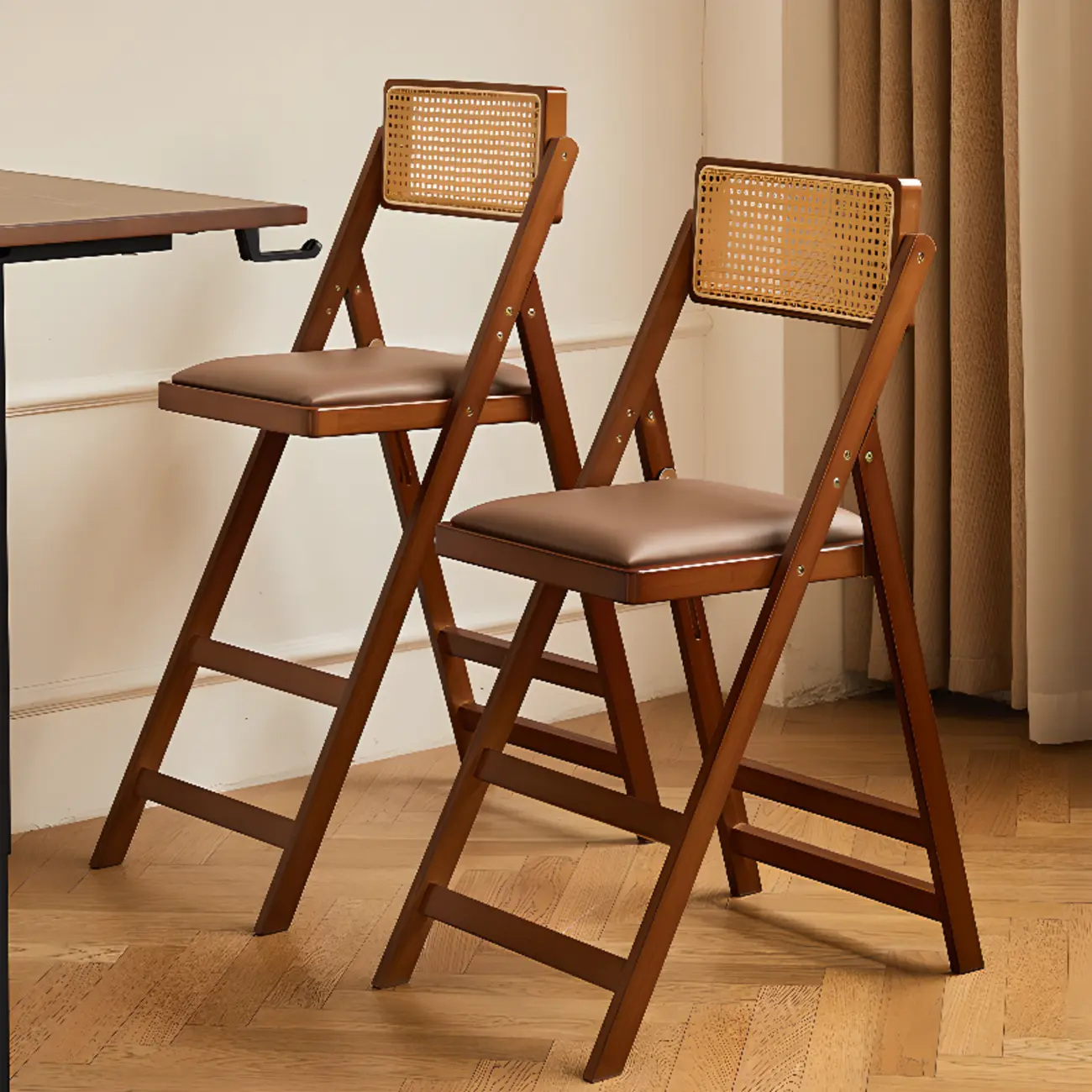 Rustic Wooden Folding Upholstered Bar Stools with Footrest Image - 1 | homeyfad