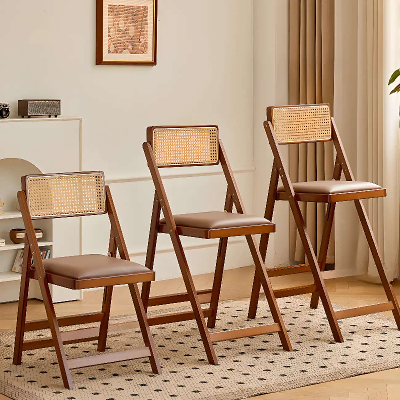 Rustic Wooden Folding Upholstered Bar Stools with Footrest Image - 2 | homeyfad