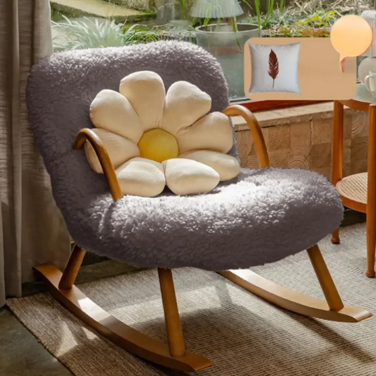 Vintage Flannel Upholstered Wood Rocking Chair for Living Room Image - 2