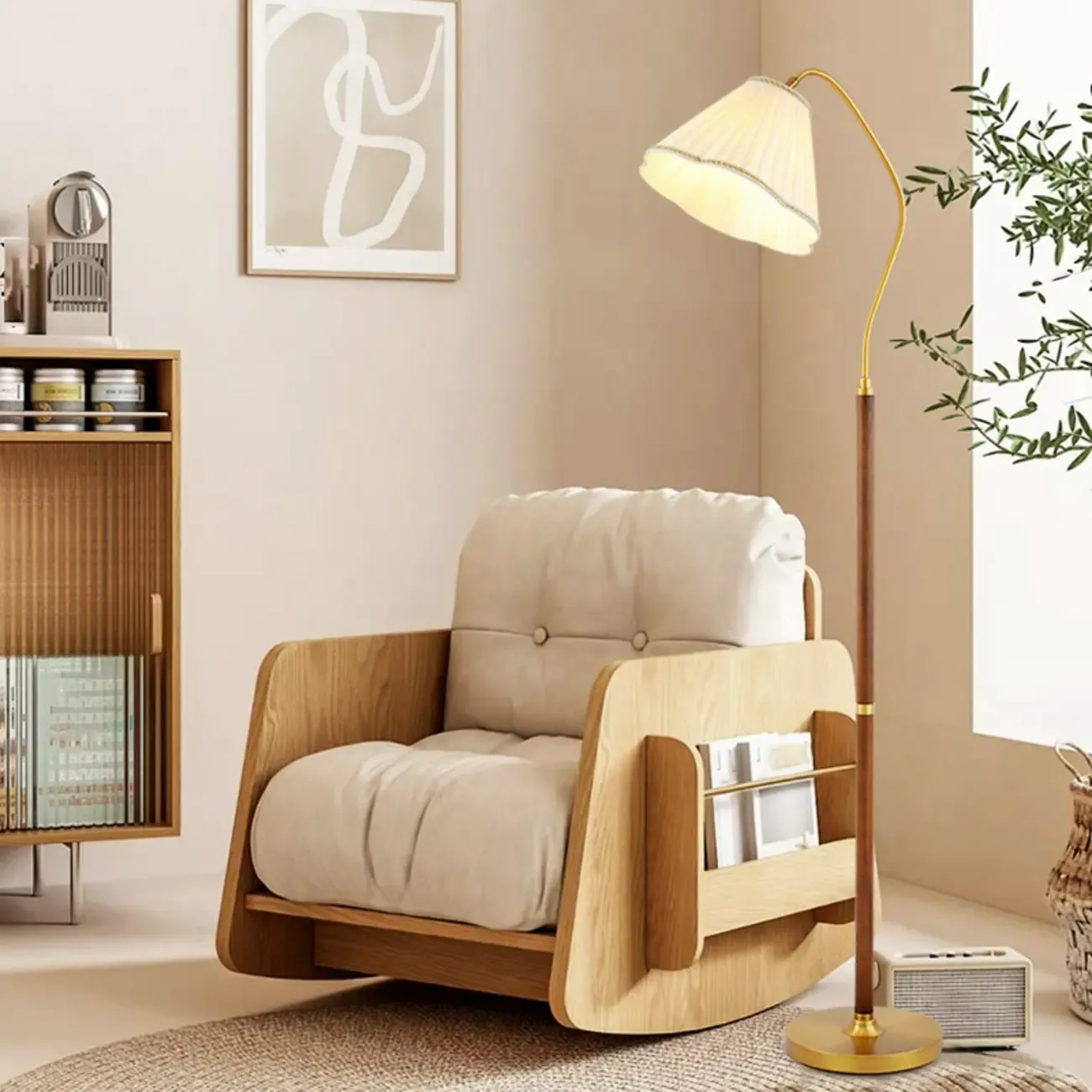Natural Wooden Floor Lamps with Pleated Shade for Living Room Image - 2