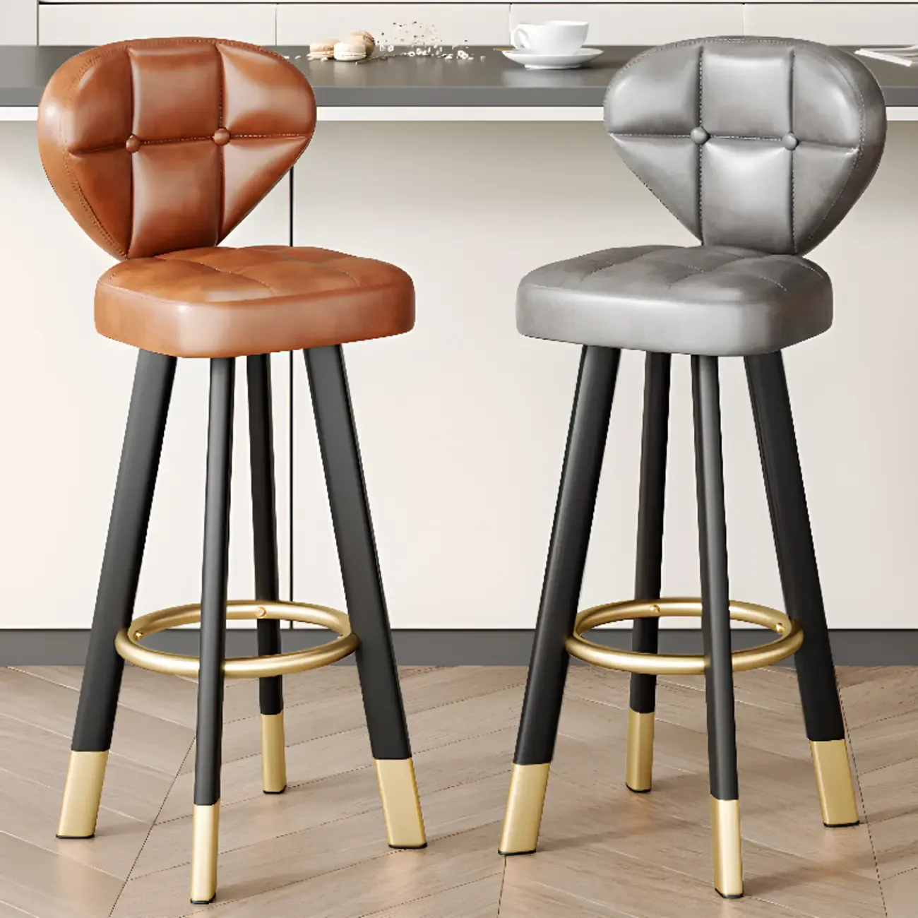 Classic Adjustable Leather Bar Stools with Metal Footrest for Home Image - 1