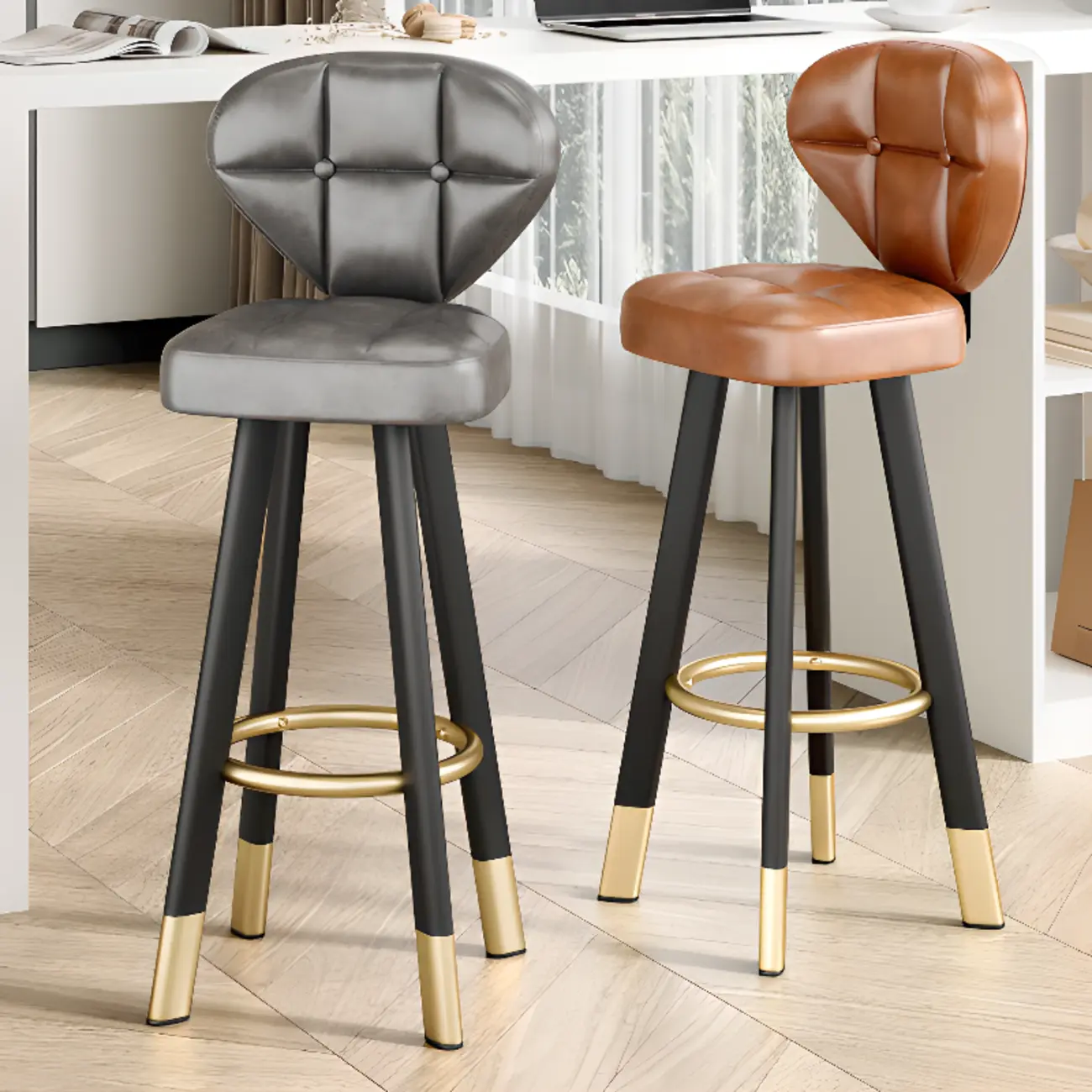 Classic Adjustable Leather Bar Stools with Metal Footrest for Home Image - 2 | homeyfad