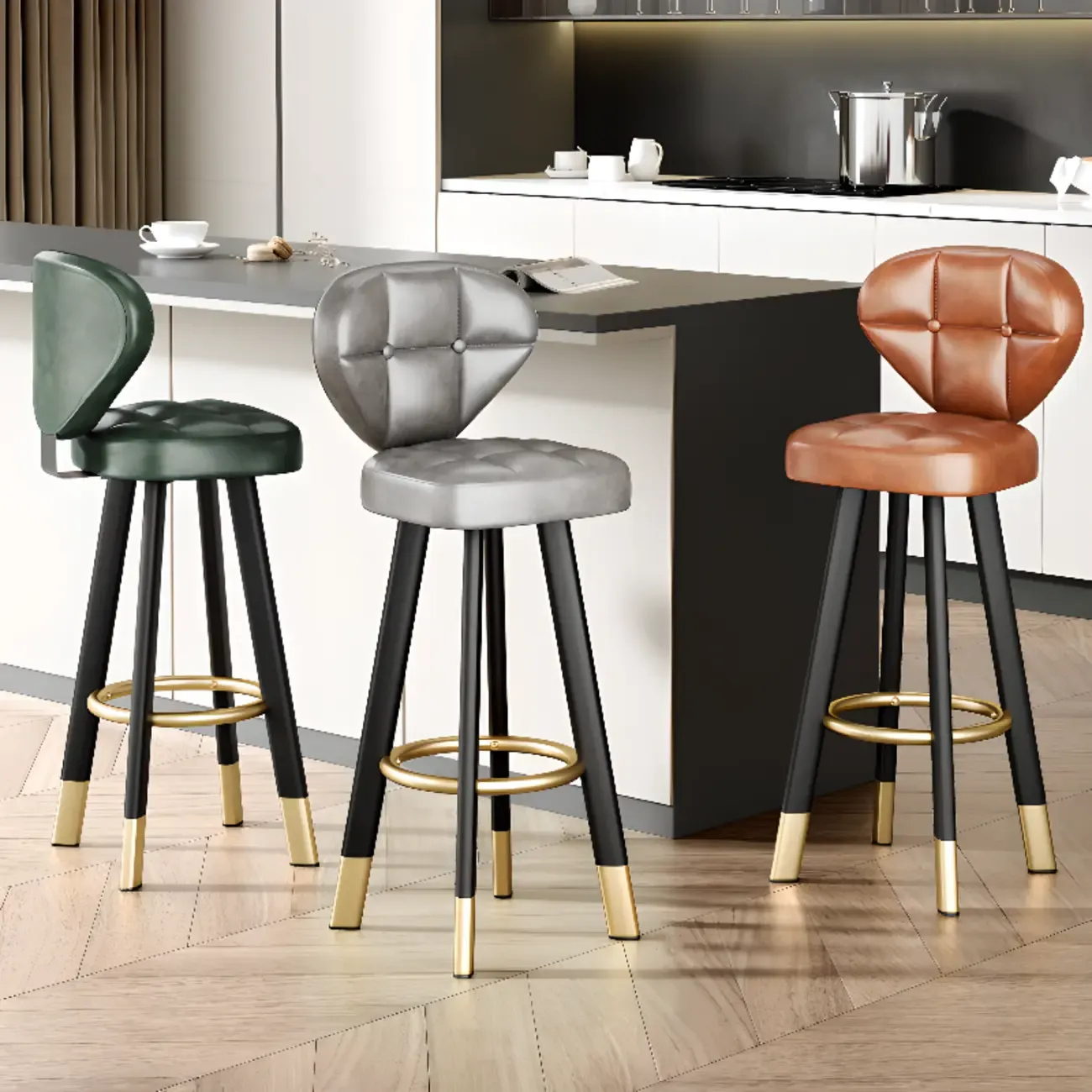 Classic Adjustable Leather Bar Stools with Metal Footrest for Home Image - 3