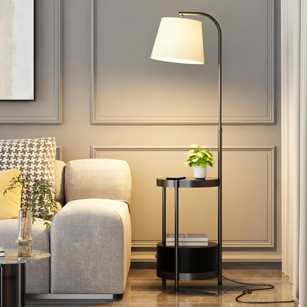 Arc Floor Lamp with Shelves and Fabric Shade for Living Room Image - 1