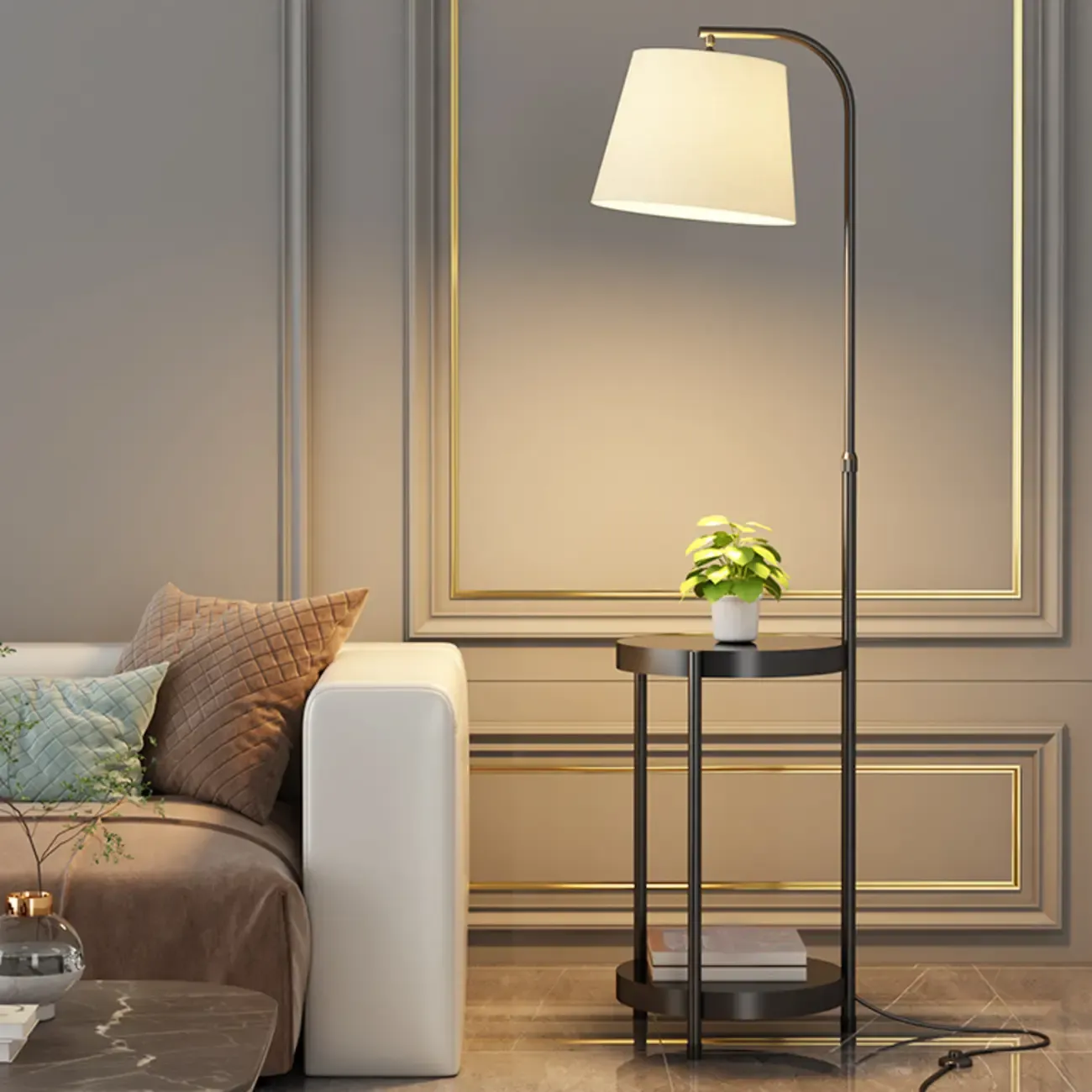Arc Floor Lamp with Shelves and Fabric Shade for Living Room Image - 2
