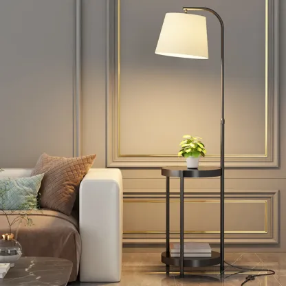 Arc Floor Lamp with Shelves and Fabric Shade for Living Room Image - 2