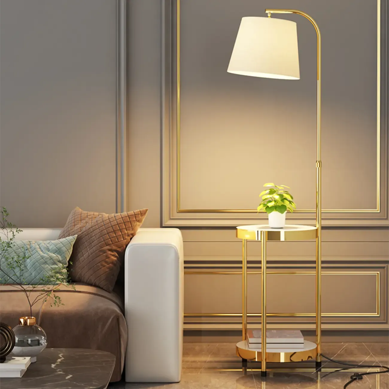 Arc Floor Lamp with Shelves and Fabric Shade for Living Room Image - 3