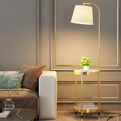 Arc Floor Lamp with Shelves and Fabric Shade for Living Room Image - 3