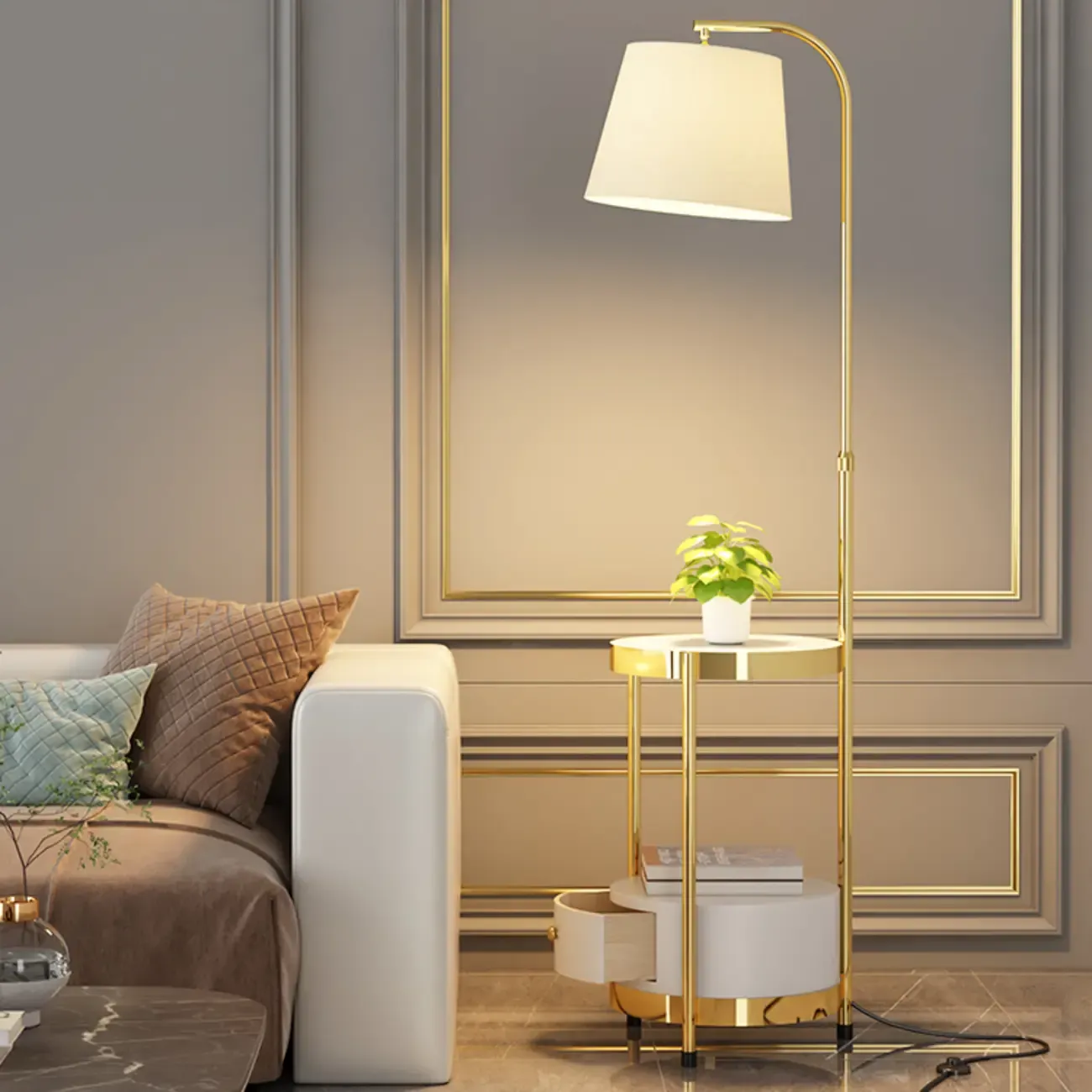 Arc Floor Lamp with Shelves and Fabric Shade for Living Room Image - 4