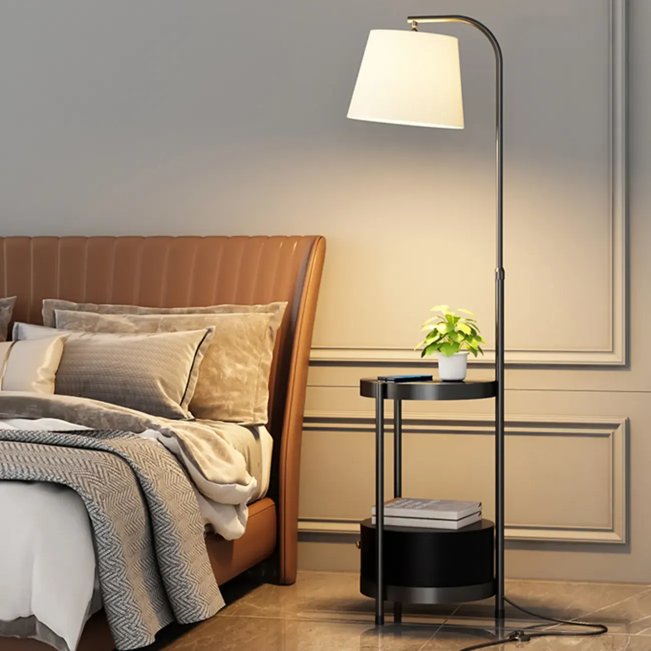 Arc Floor Lamp with Shelves and Fabric Shade for Living Room Image - 5