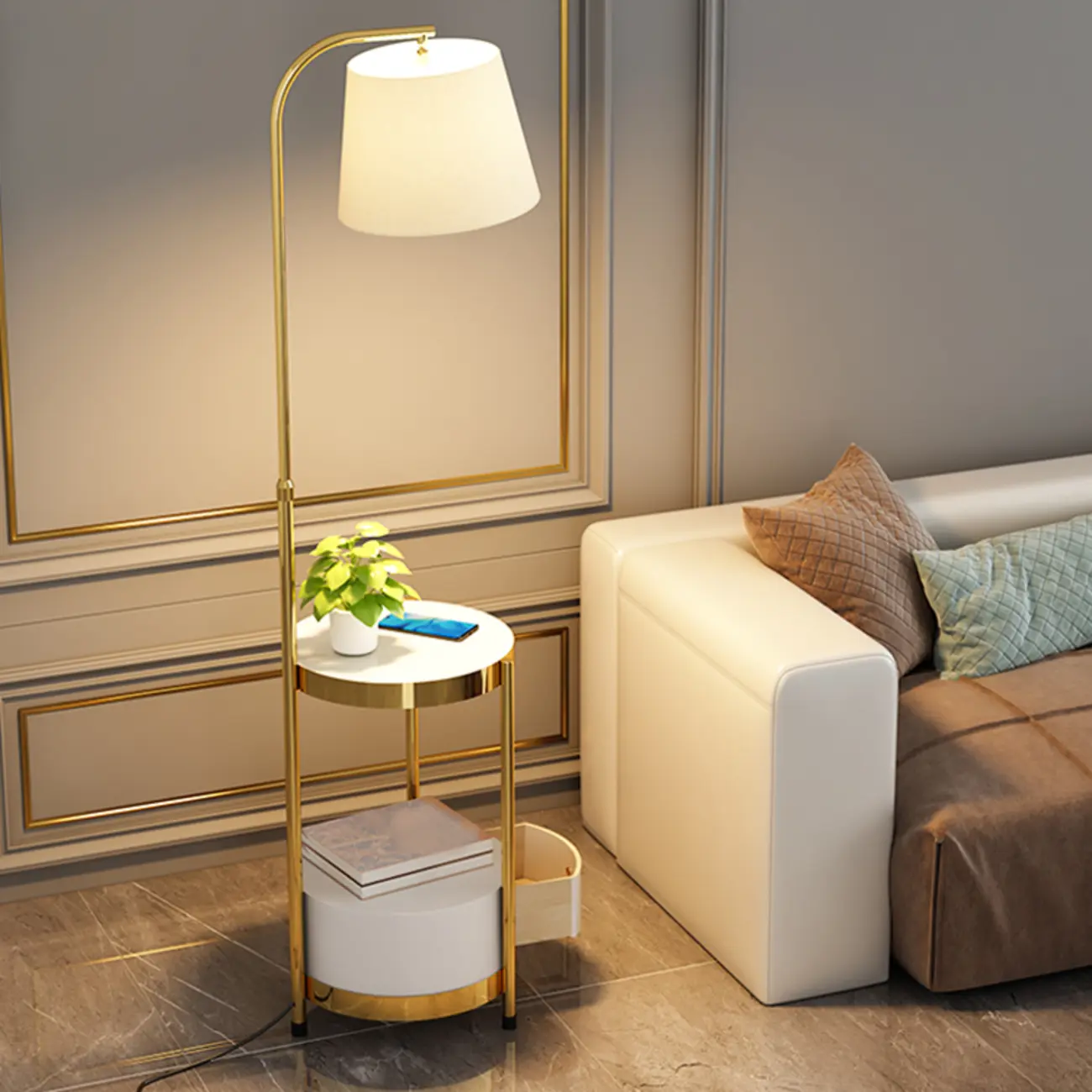 Arc Floor Lamp with Shelves and Fabric Shade for Living Room Image - 6 | homeyfad