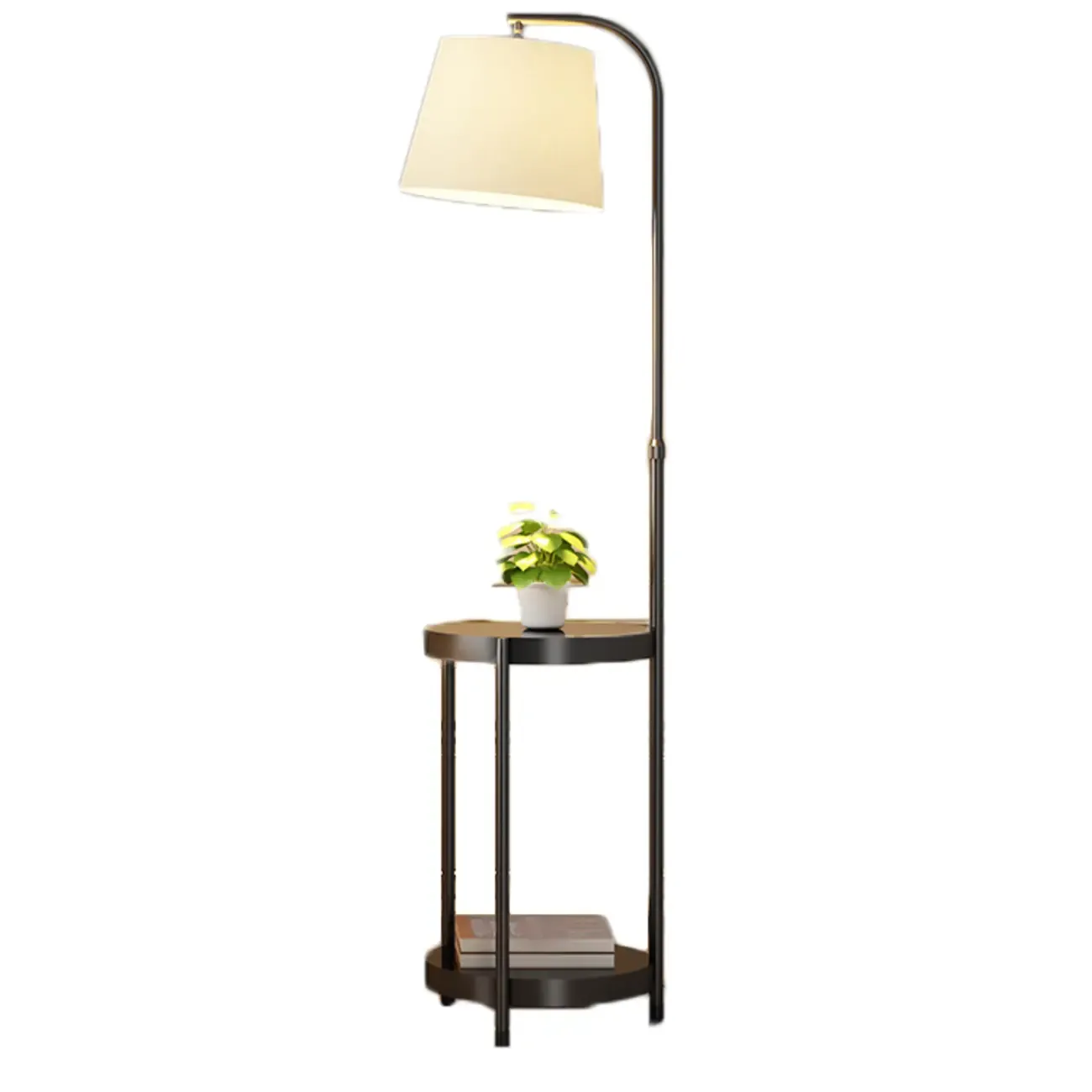 Arc Floor Lamp with Shelves and Fabric Shade for Living Room Image - 7
