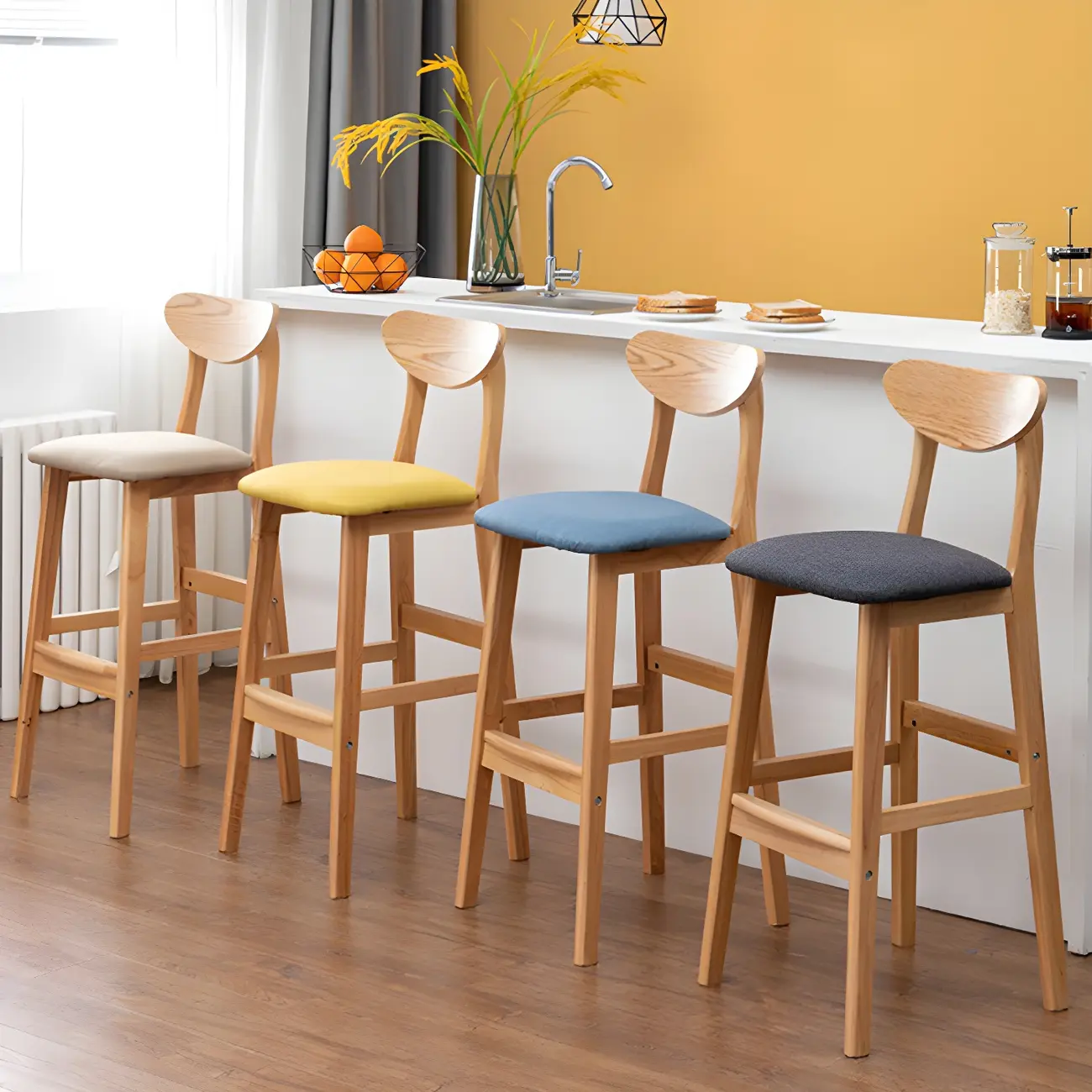 Nordic Wooden Upholstered Bar Stools with Footrest for Kitchen Image - 1 | homeyfad