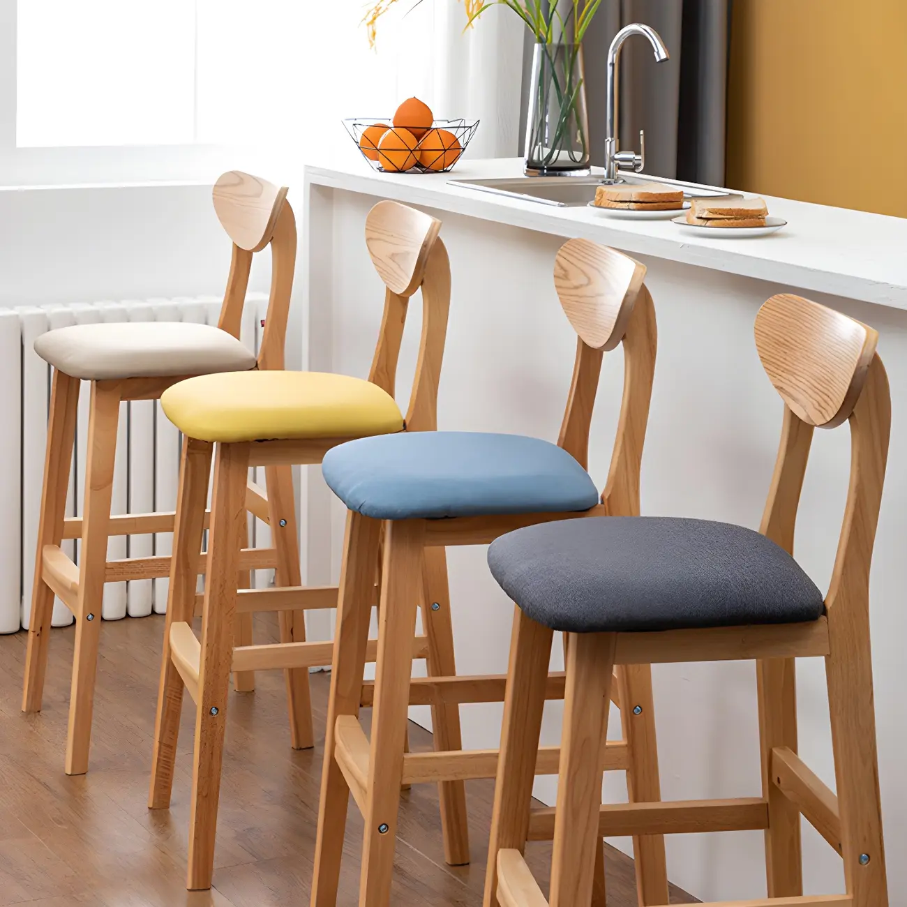 Nordic Wooden Upholstered Bar Stools with Footrest for Kitchen Image - 2 | homeyfad
