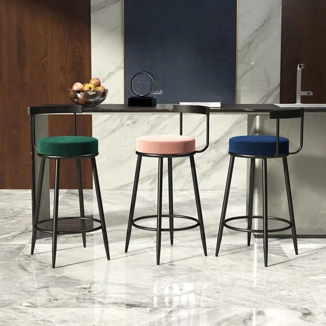 Glam Metal Upholstered Bar Stools with Open Low Back for Kitchen Image - 1 | homeyfad