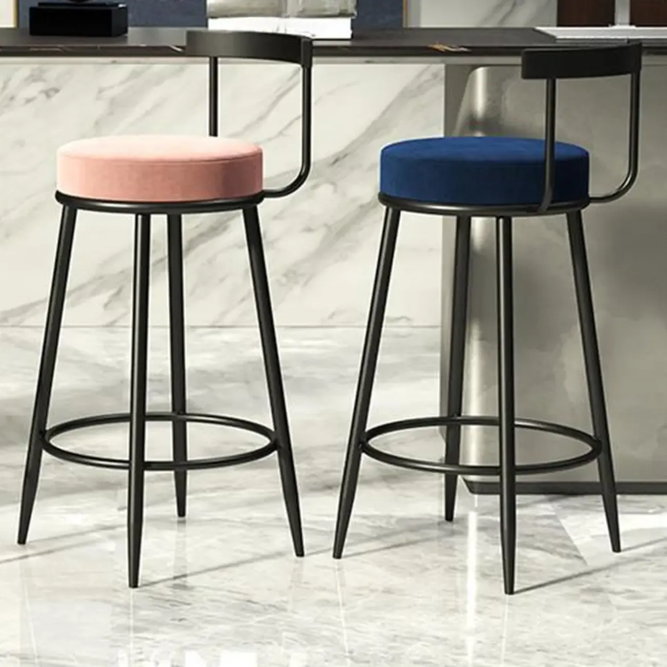 Glam Metal Upholstered Bar Stools with Open Low Back for Kitchen Image - 2