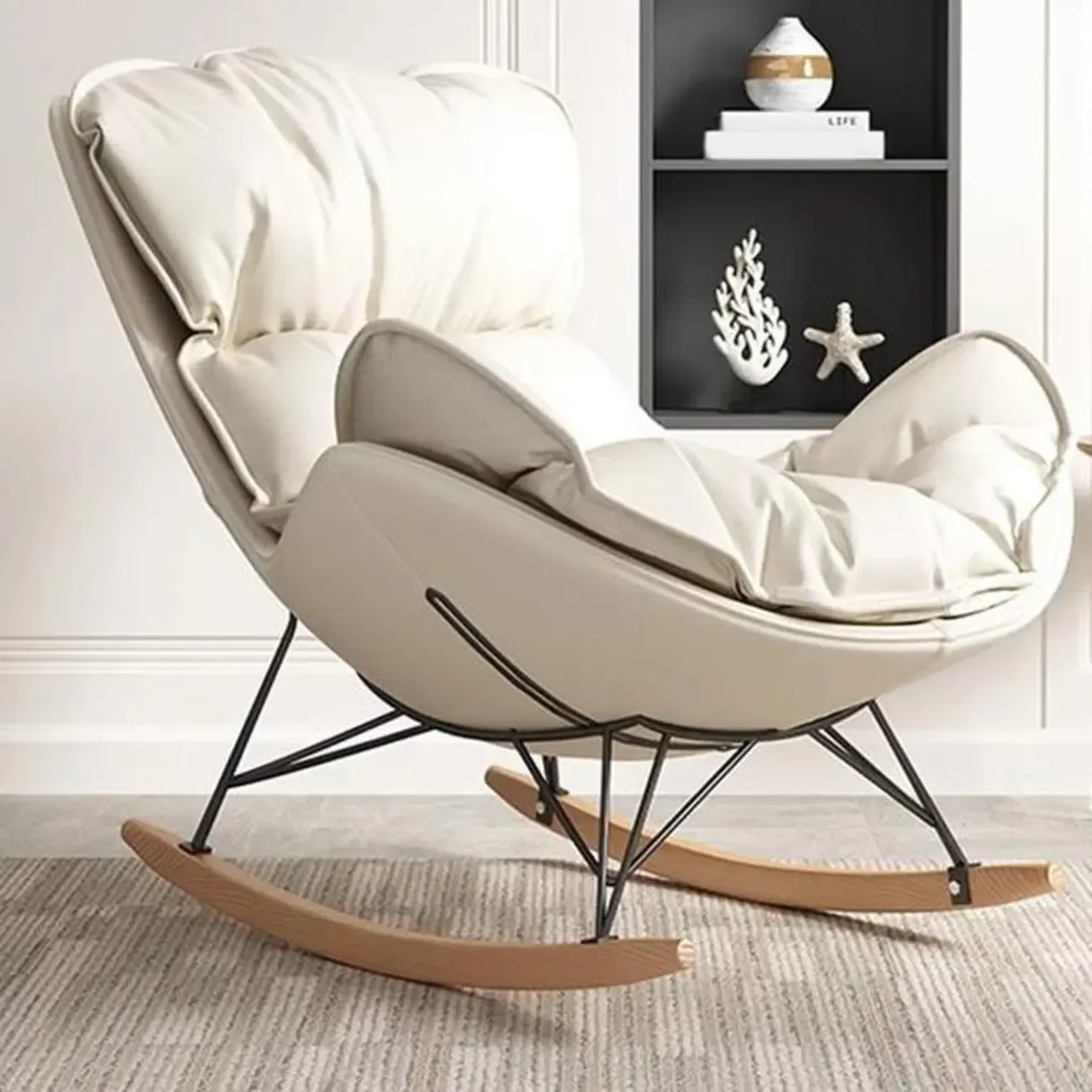 Faux Leather Wingback Rocking Chair with Removable Cushions Image - 4