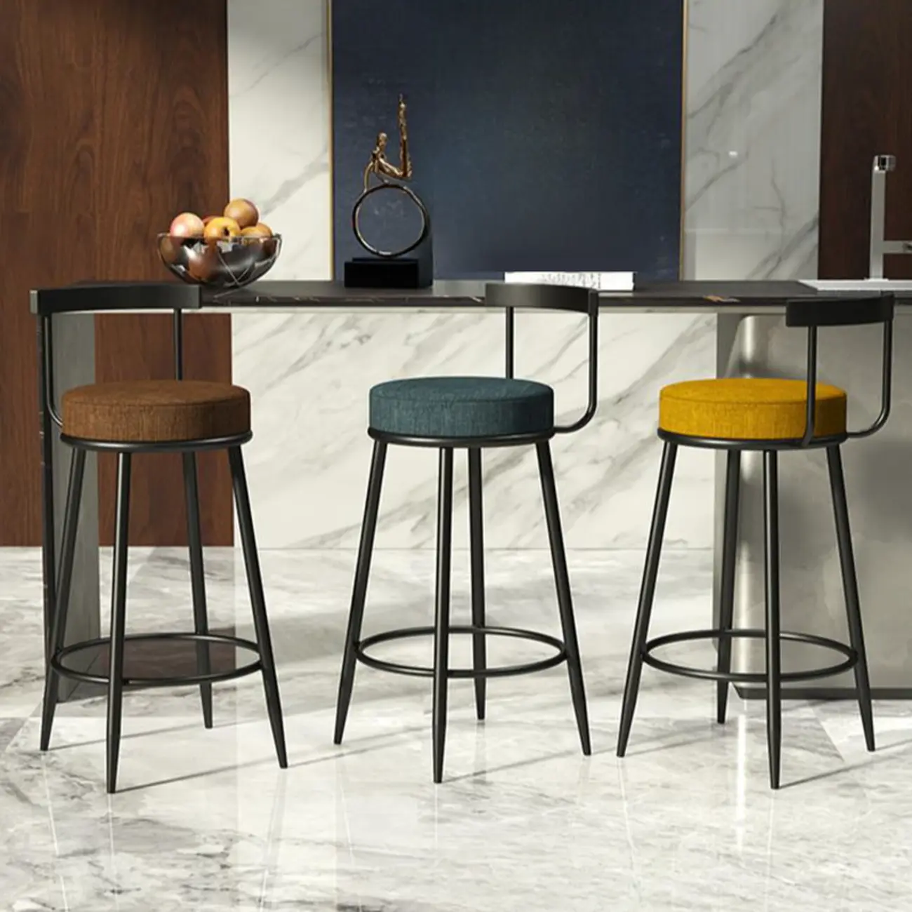 Glam Metal Upholstered Bar Stools with Open Low Back for Kitchen Image - 3 | homeyfad
