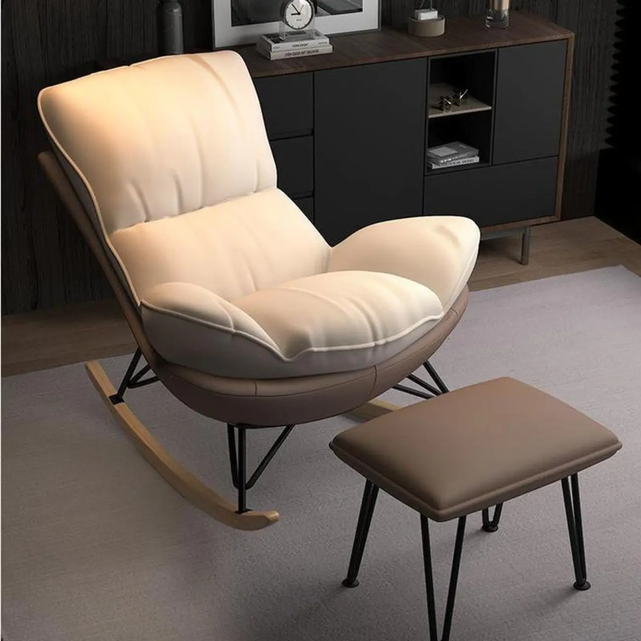 Faux Leather Wingback Rocking Chair with Removable Cushions Image - 5 | homeyfad