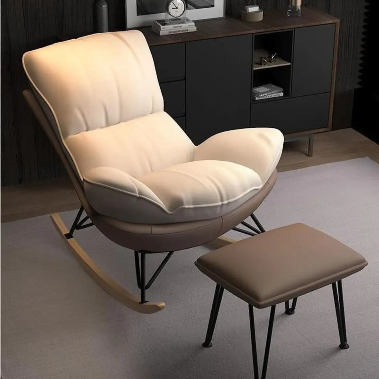 Faux Leather Wingback Rocking Chair with Removable Cushions Image - 5