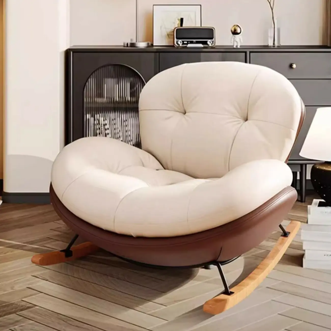 Ergonomic Rounded Upholstered Rocking Chair for Living Room Image - 8 | homeyfad