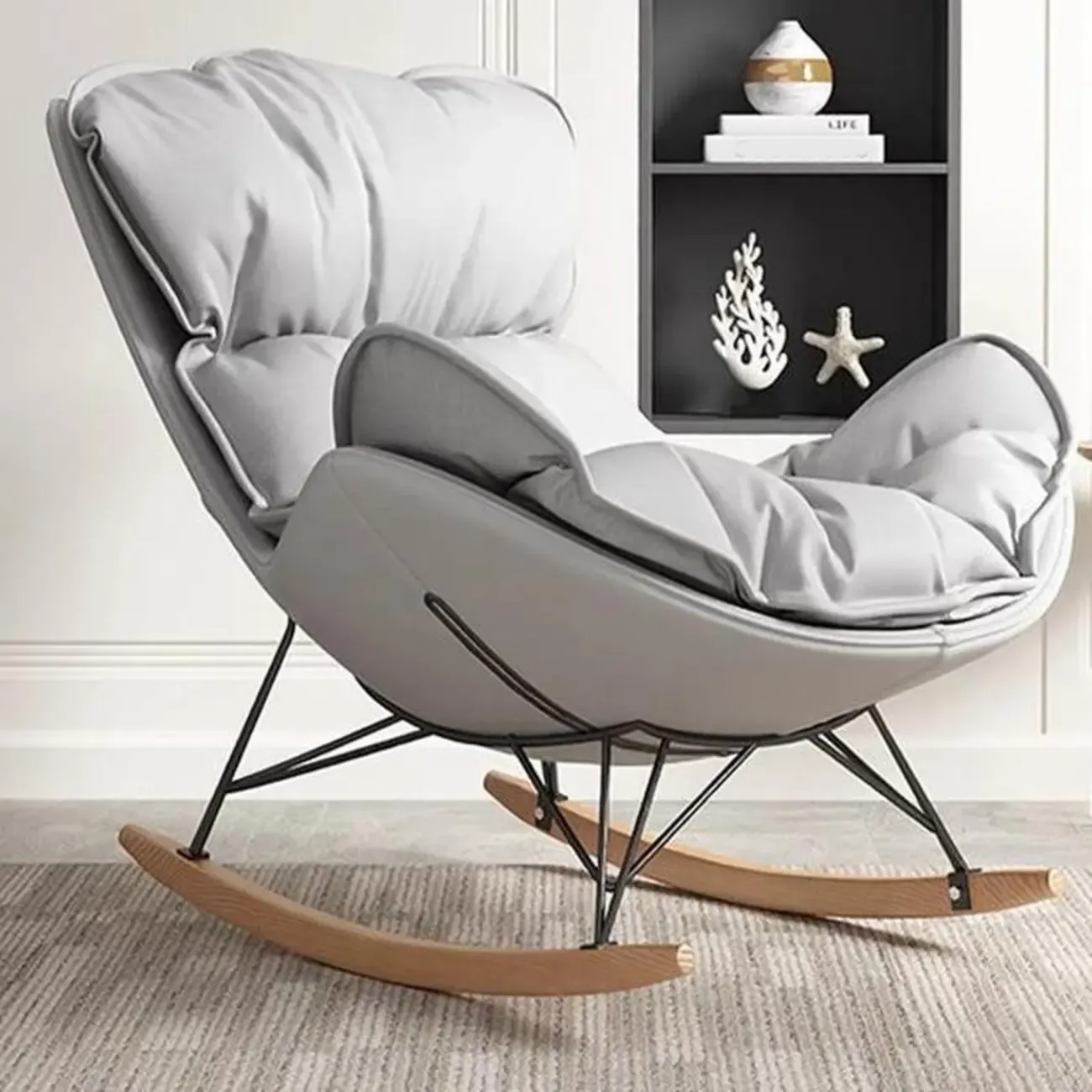 Faux Leather Wingback Rocking Chair with Removable Cushions Image - 8