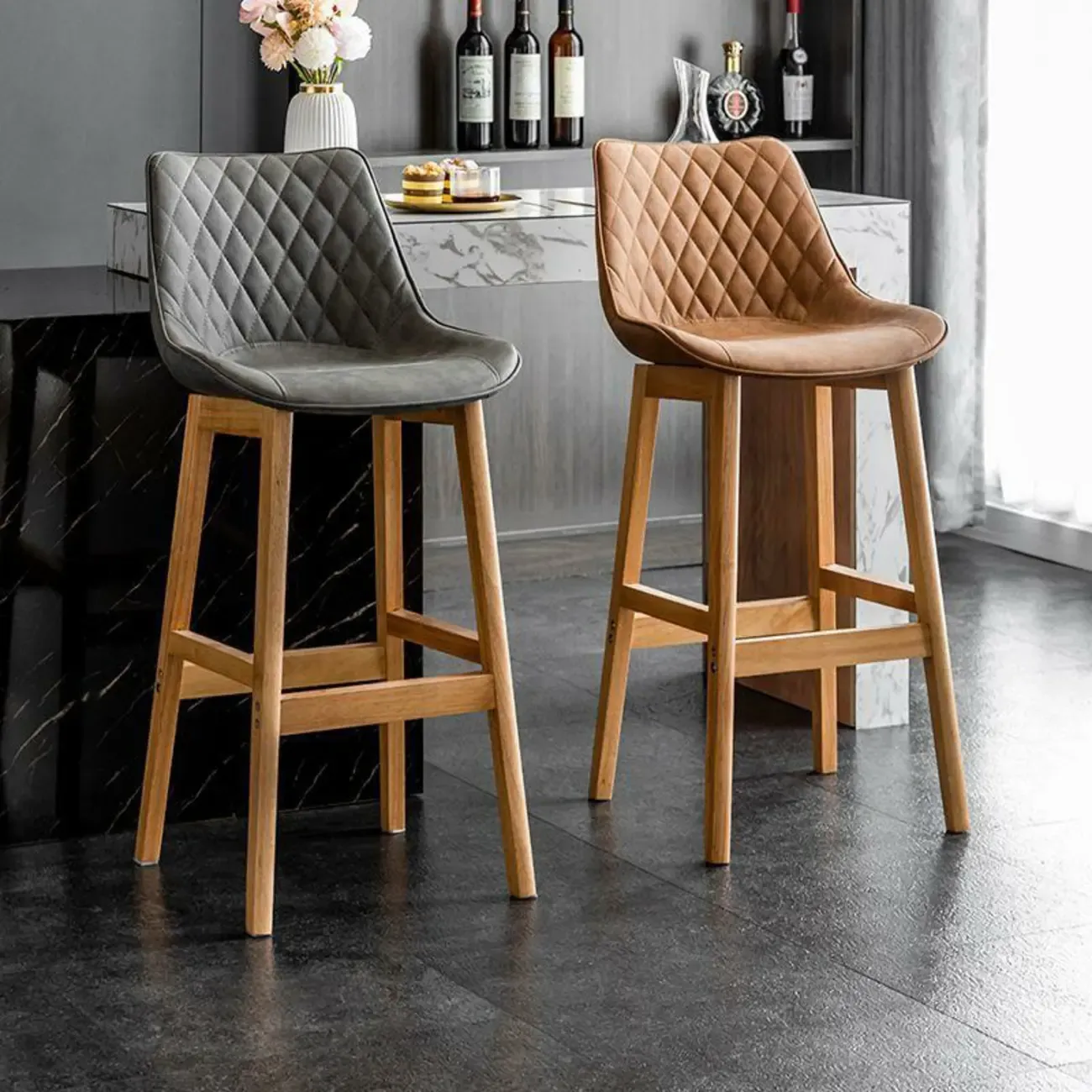Retro Wooden Upholstered Bucket Bar Stools with Backrest Image - 1