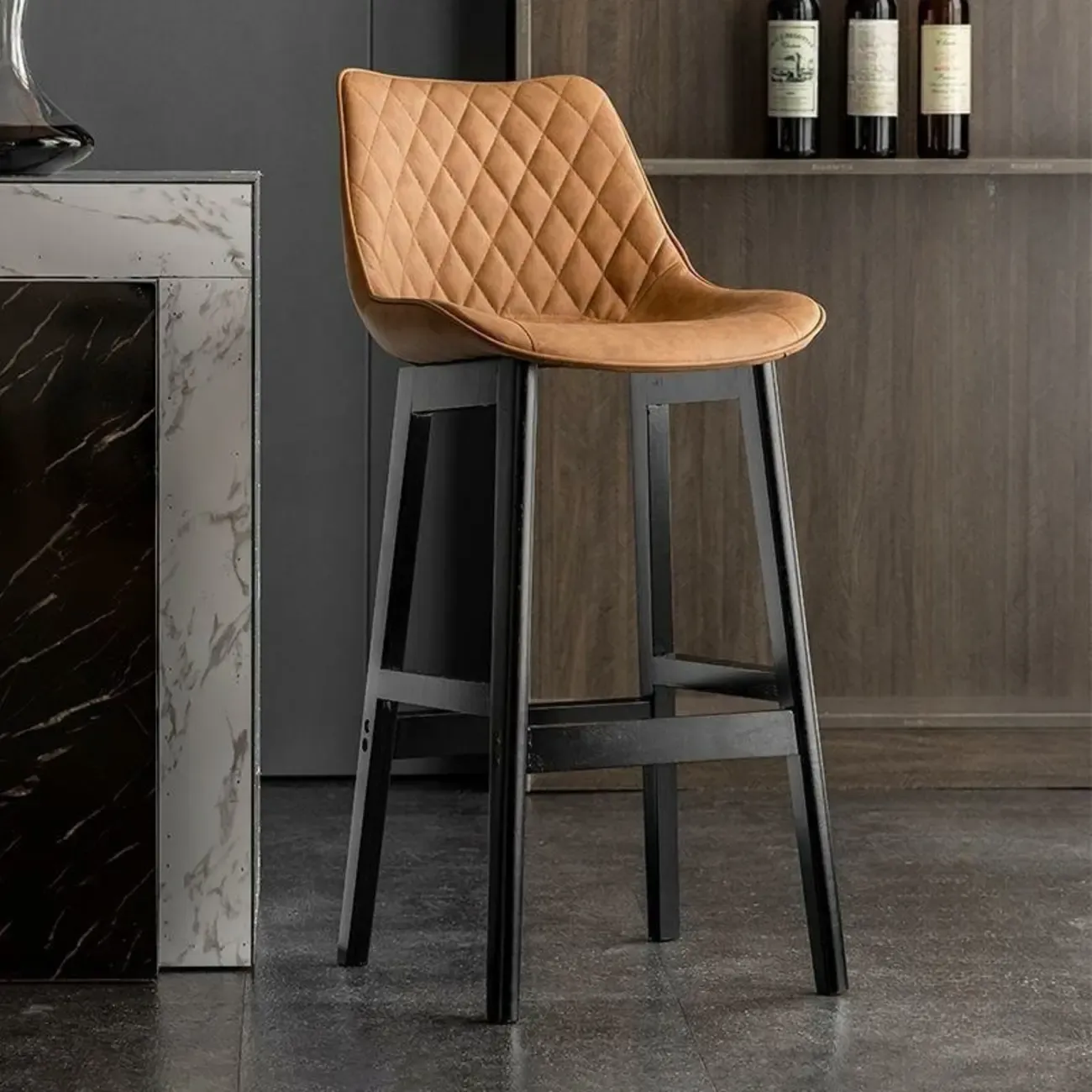 Retro Wooden Upholstered Bucket Bar Stools with Backrest Image - 14