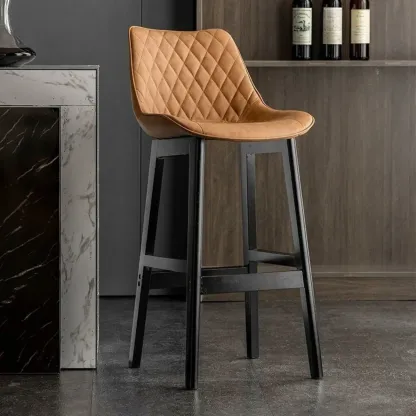 Retro Wooden Upholstered Bucket Bar Stools with Backrest Image - 14