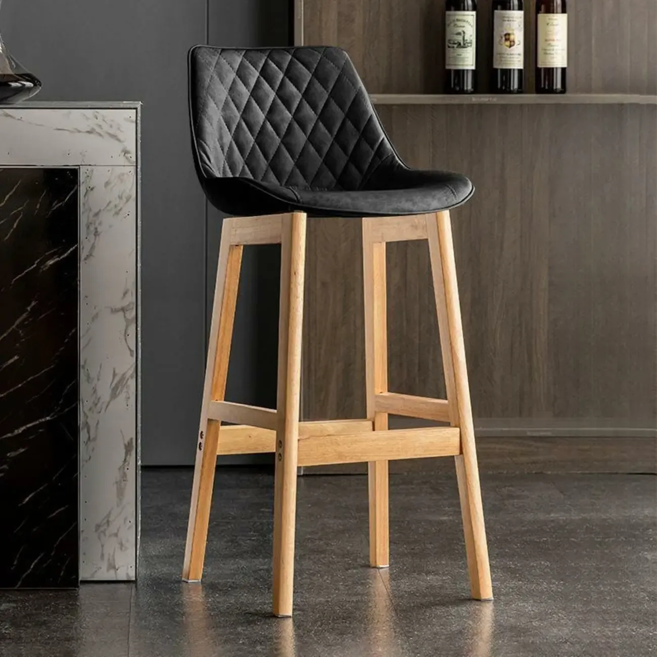 Retro Wooden Upholstered Bucket Bar Stools with Backrest Image - 17