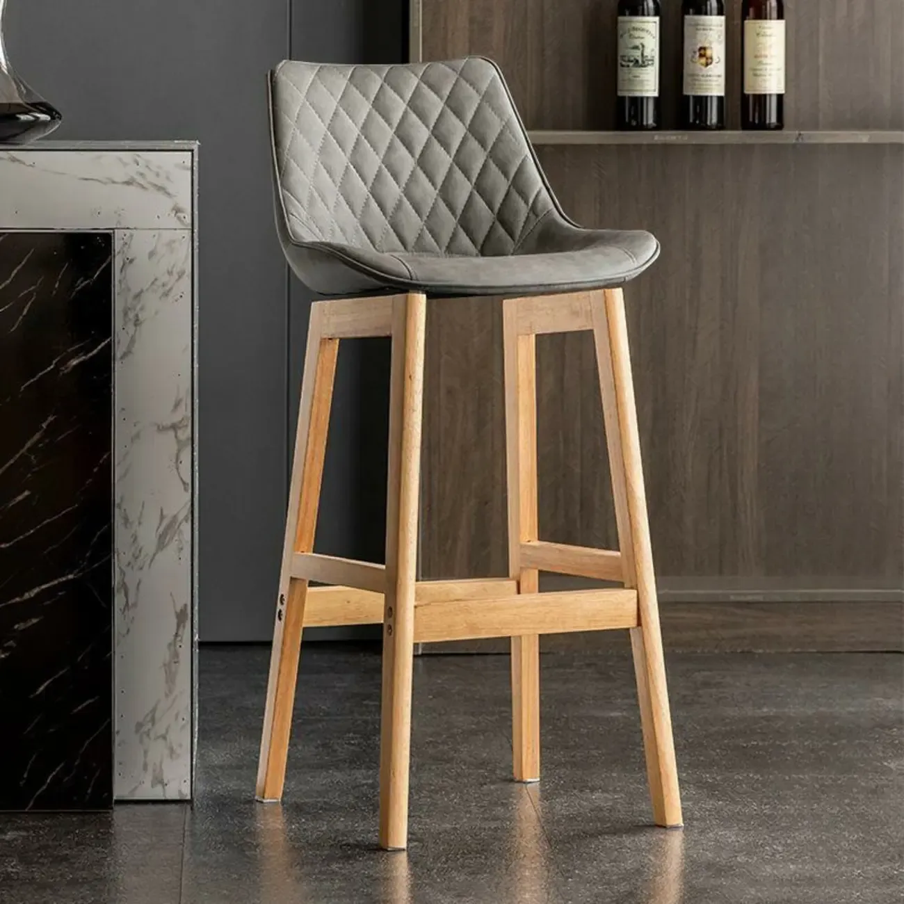 Retro Wooden Upholstered Bucket Bar Stools with Backrest Image - 18