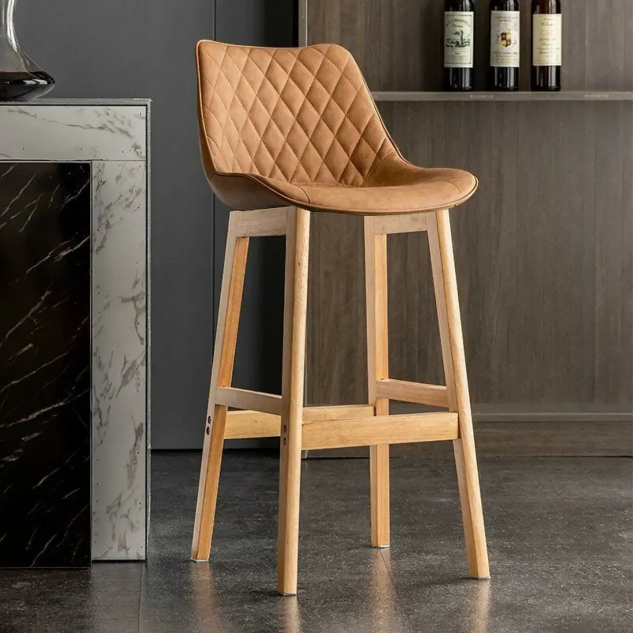 Retro Wooden Upholstered Bucket Bar Stools with Backrest Image - 20