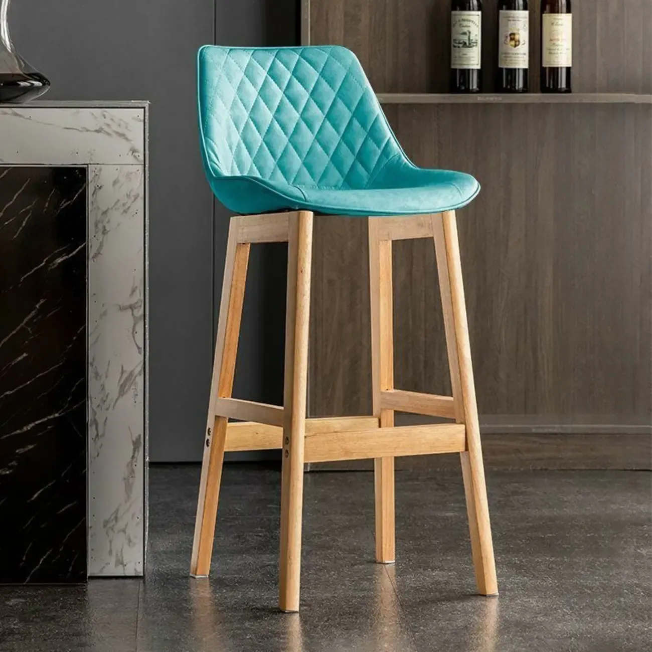 Retro Wooden Upholstered Bucket Bar Stools with Backrest Image - 21