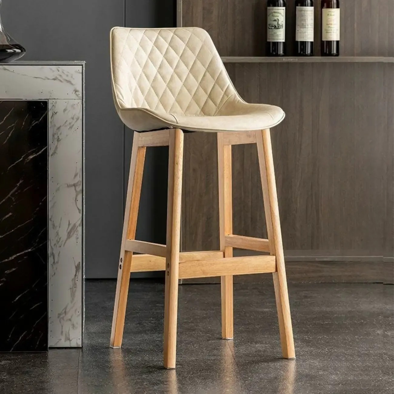 Retro Wooden Upholstered Bucket Bar Stools with Backrest Image - 22