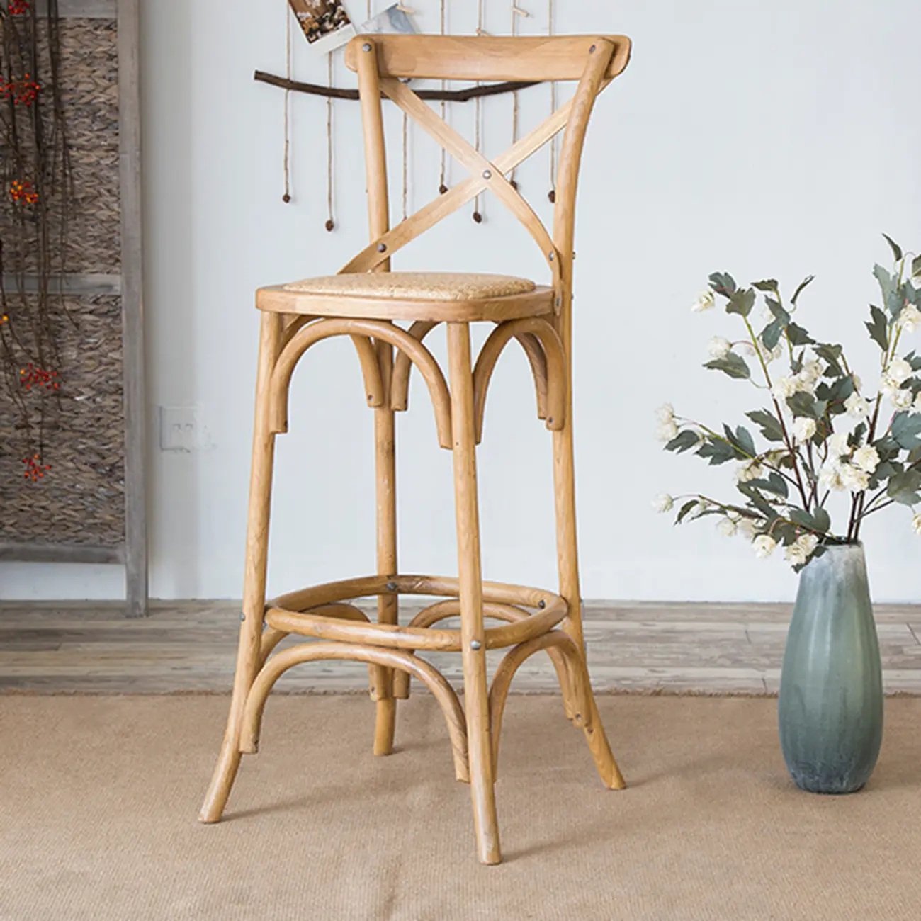 Rustic Wooden X Back Bar Stool with Footrest for Home Decor Image - 1 | homeyfad
