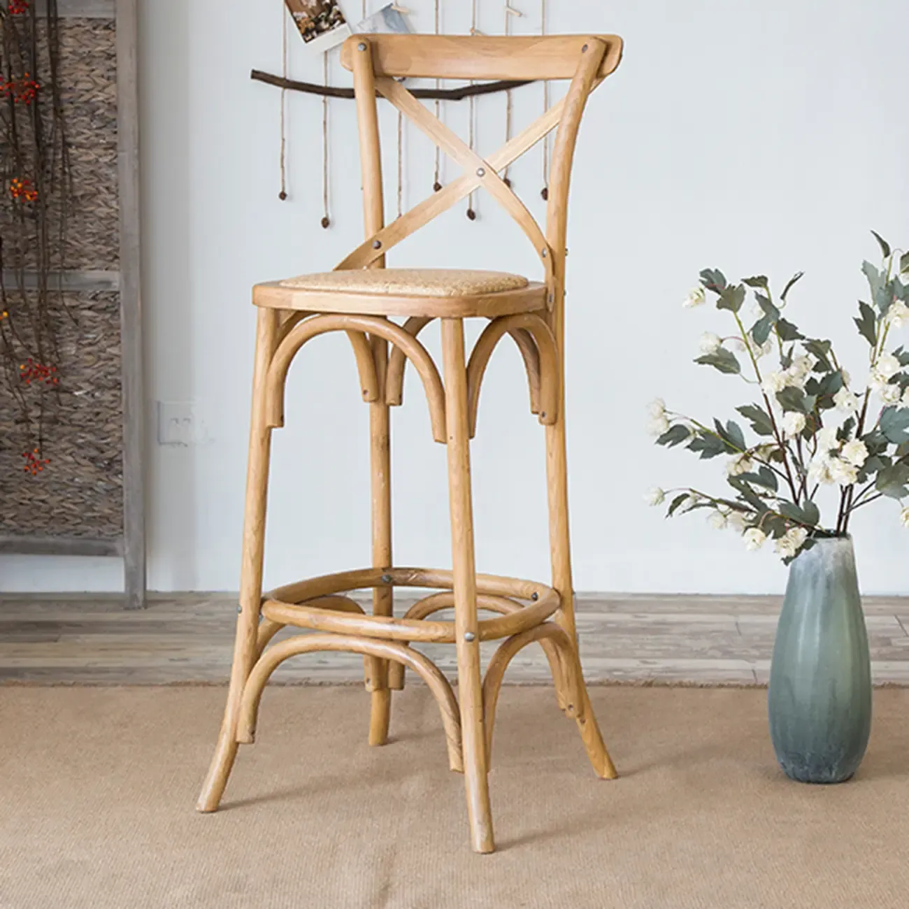 Rustic Wooden X Back Bar Stool with Footrest for Home Decor Image - 1