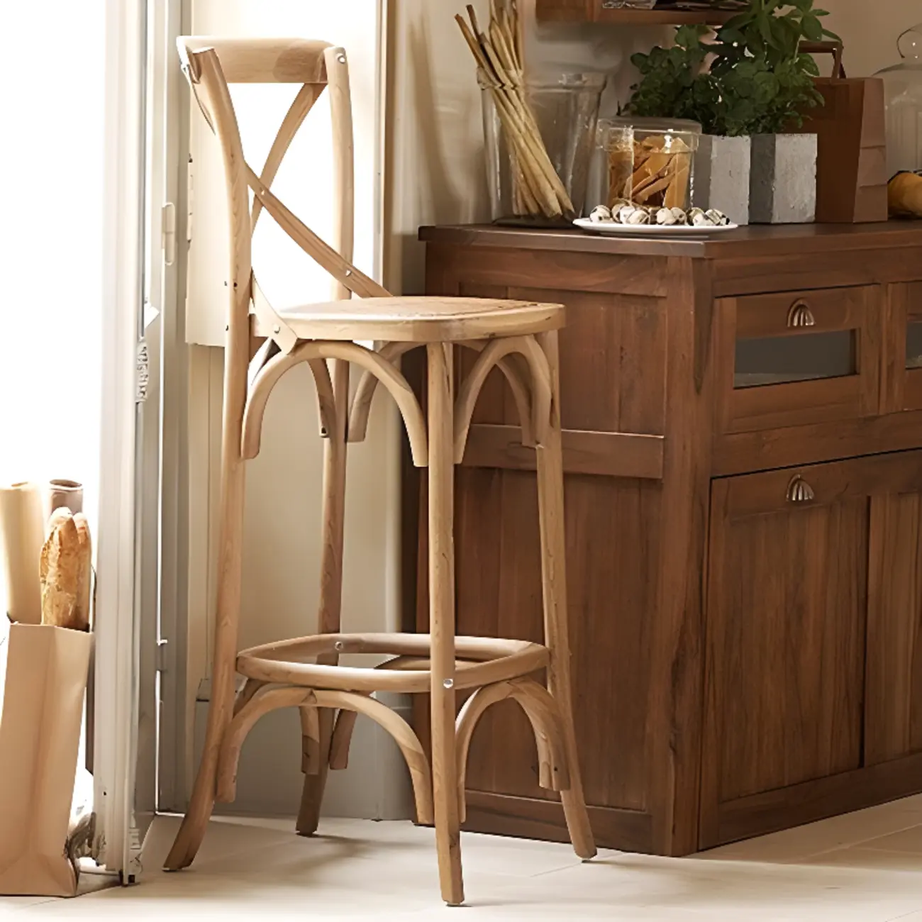 Rustic Wooden X Back Bar Stool with Footrest for Home Decor Image - 3 | homeyfad