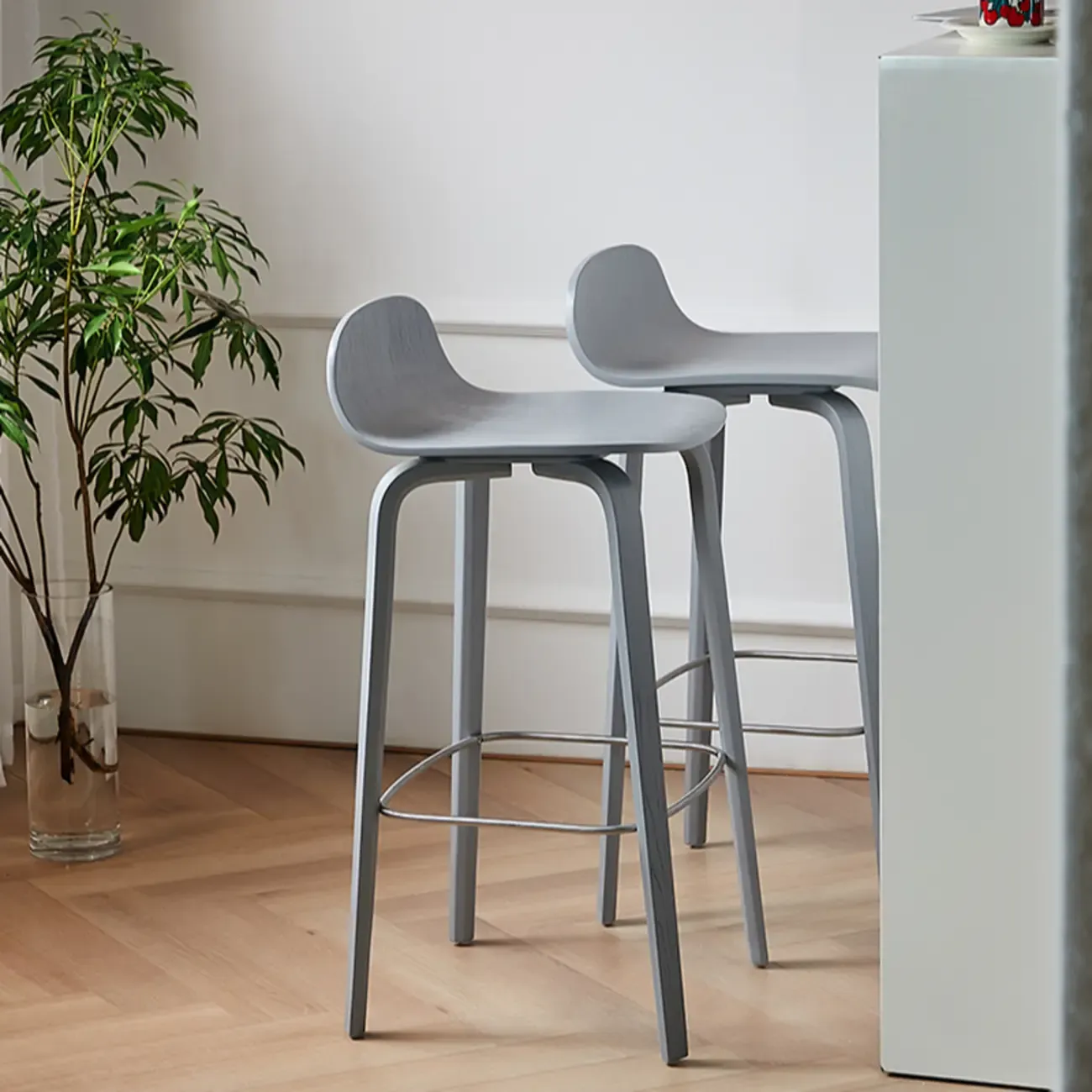 Minimalist Wooden Bar Stools with Footrest for Kitchen Image - 2
