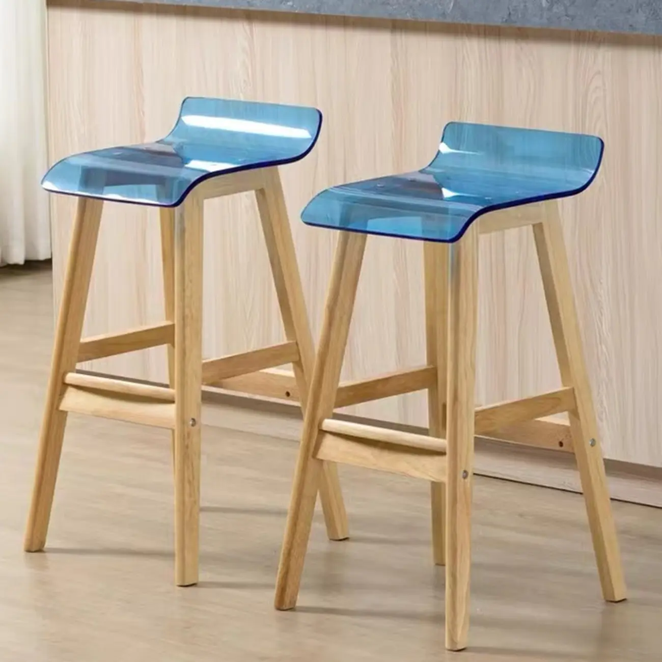 Contemporary Transparent Polymer Bar Stools with Wooden Legs Image - 1 | homeyfad