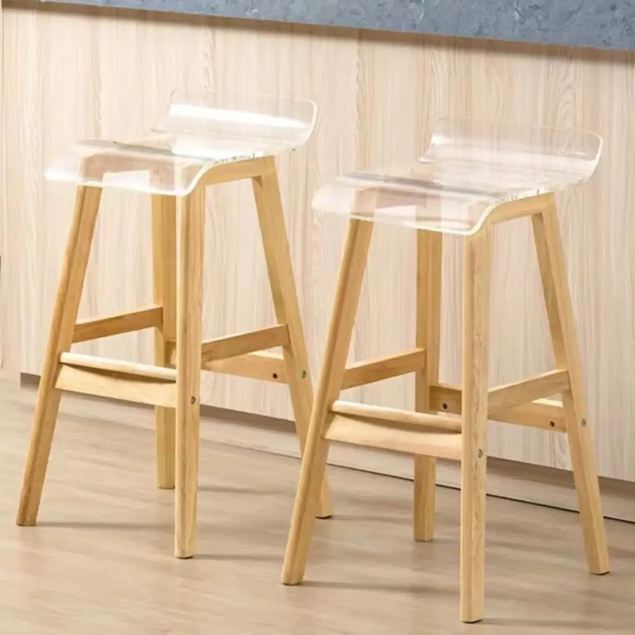 Contemporary Transparent Polymer Bar Stools with Wooden Legs Image - 2