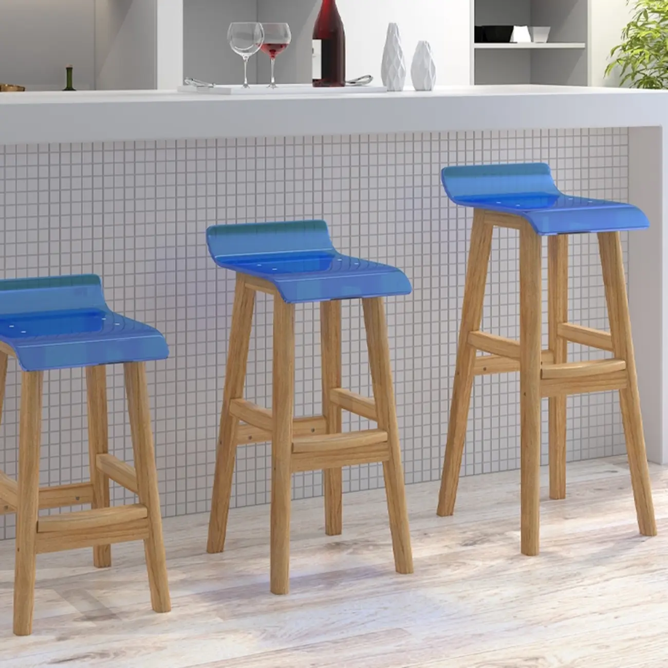 Contemporary Transparent Polymer Bar Stools with Wooden Legs Image - 8 | homeyfad