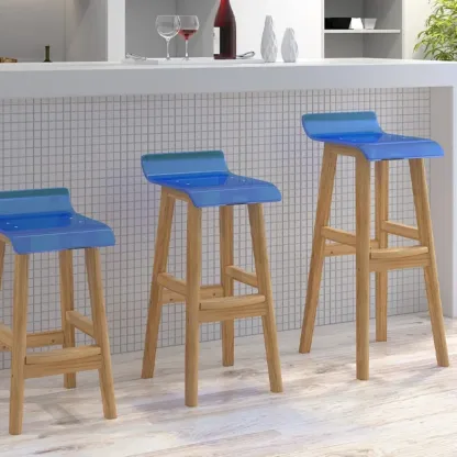 Contemporary Transparent Polymer Bar Stools with Wooden Legs Image - 8