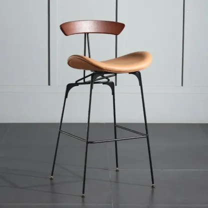 Elegant Leather Bar Stool with Open Back and Footrest for Home Image - 10
