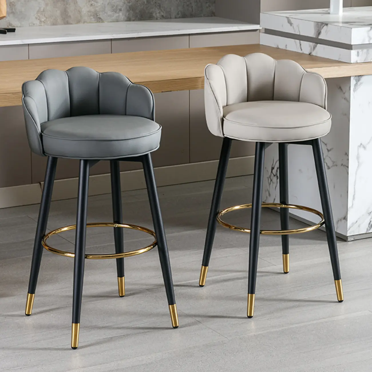 Stylish Leather Round Swivel Bar Stools with Footrest Image - 2 | homeyfad